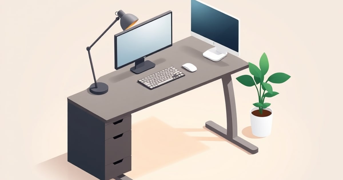 Side view illustration of a height-adjustable desk on a lifting column with dual monitors, keyboard and mouse set at working height