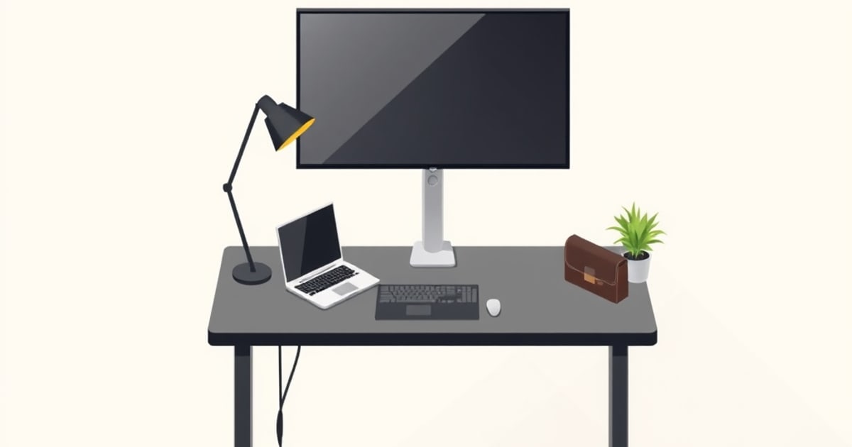 Isometric height-adjustable standing desk carrying a monitor and keyboard on a single-column base