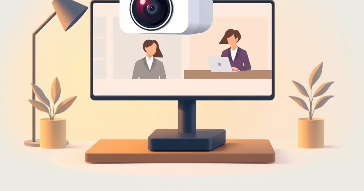 Flat illustration of an oversized webcam on a stand in front of a video call panel showing two people working at laptops