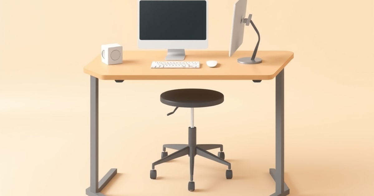 Flat isometric illustration of a wooden desk with a blank monitor, a second screen on an arm, keyboard and speaker, and a black backless stool underneath.