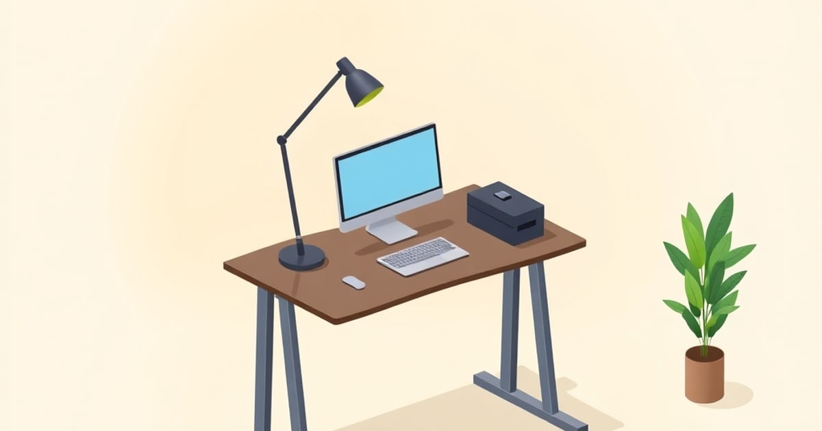 Flat isometric illustration of a brown height-adjustable desk holding a blank pale-blue monitor, keyboard, mouse and a dark storage box, with an angled lamp and a tall potted plant alongside.